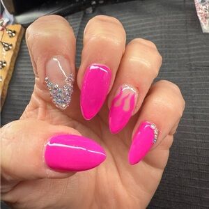 Vibrant Pink Nail Art with Rhinestones